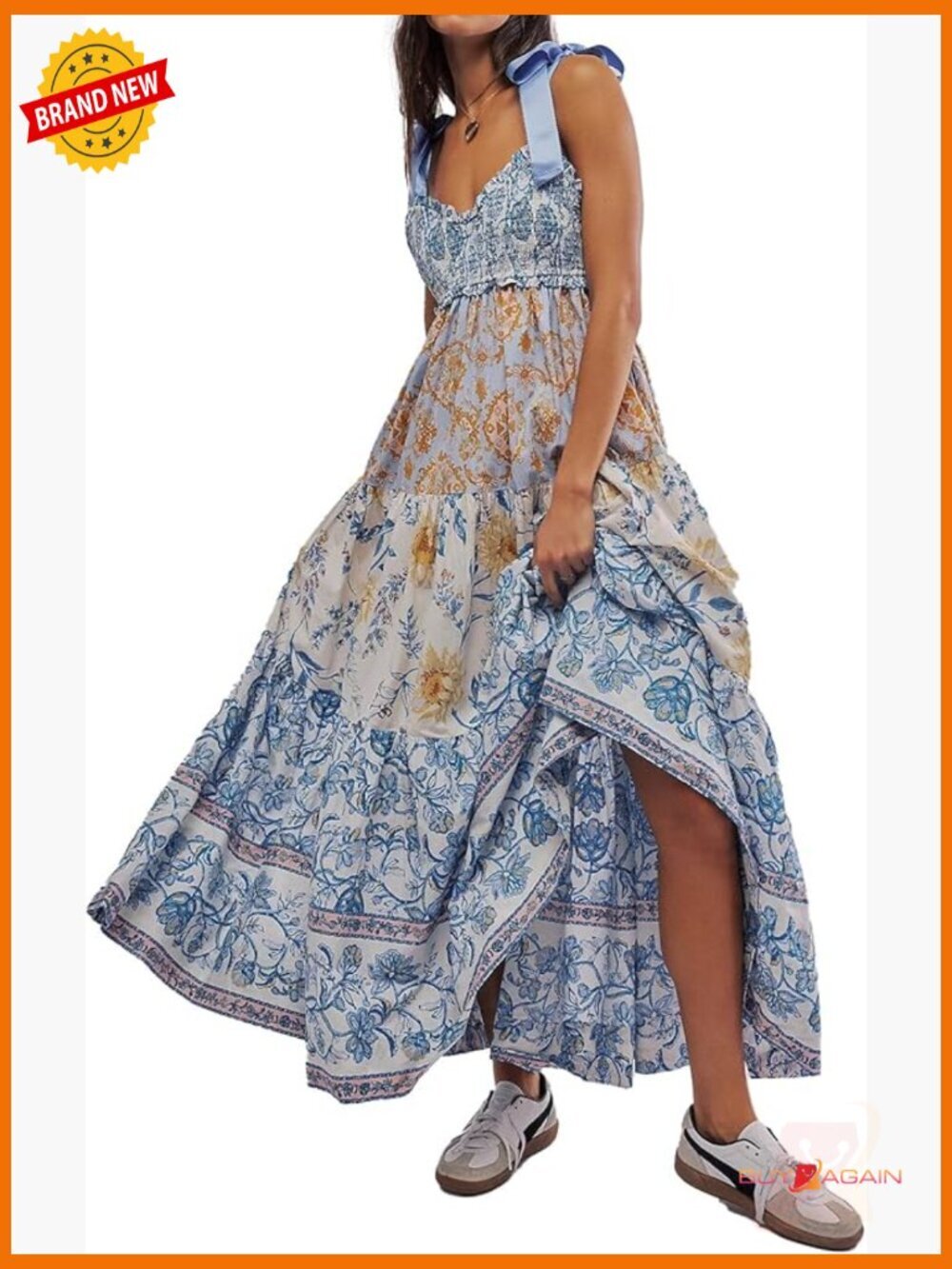 Boho Floral Maxi Dress Smocked V-Neck Tie Shoulder Pockets Sleeveless Sundress